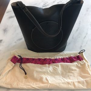 Tory Burch perforated logo black leather hobo bag